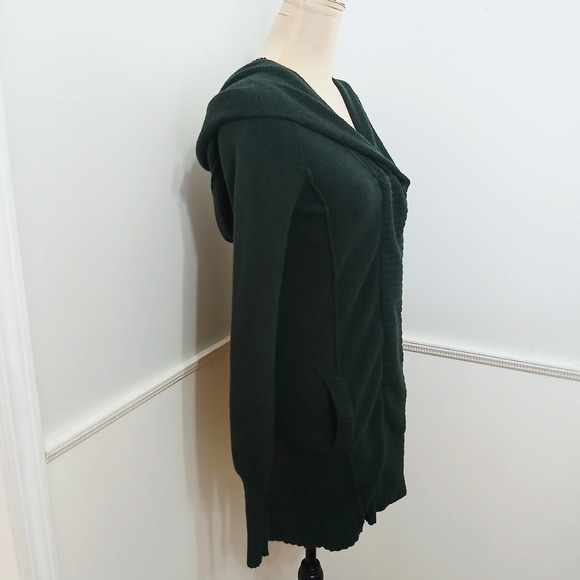 Free People Emerald Green Asymmetrical Zip Lace Panel Hooded Cardigan Sweater M - Picture 3 of 7